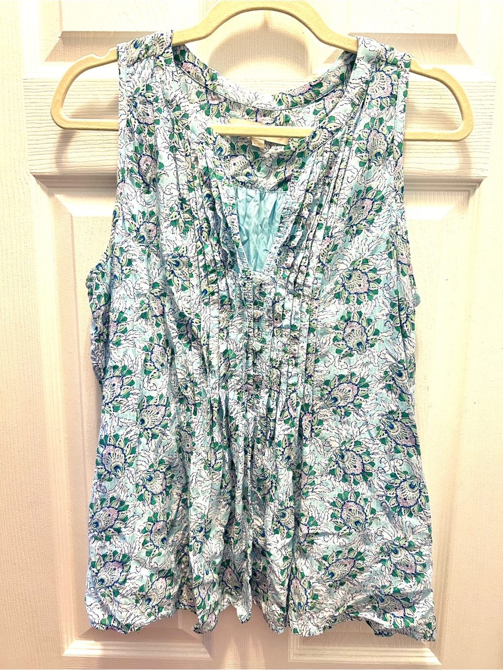 LOFT Blouse Women’s Size M Sleeveless Floral Pleated Pullover Lined Blue Green